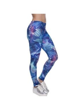 BLUE Multi Color Tropical Palm Print Full Length Leggings Size 0-10 NWT